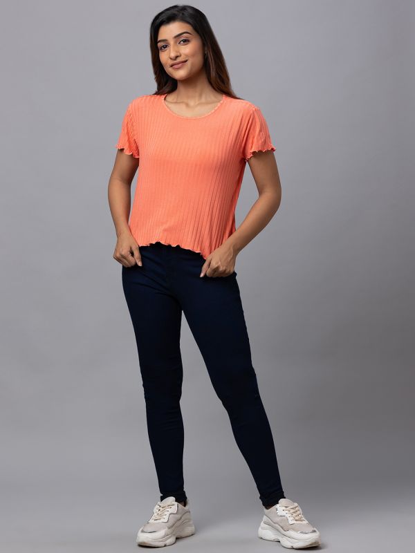 Globus Women Coral Solid Round Neck Casual Regular Fit Crop Tshirt