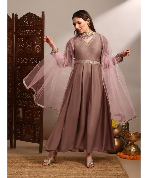 Globus Women Beige Embroidered V-Neck Puff Sleeves Tiered A-Line Maxi Dress  with Belt &