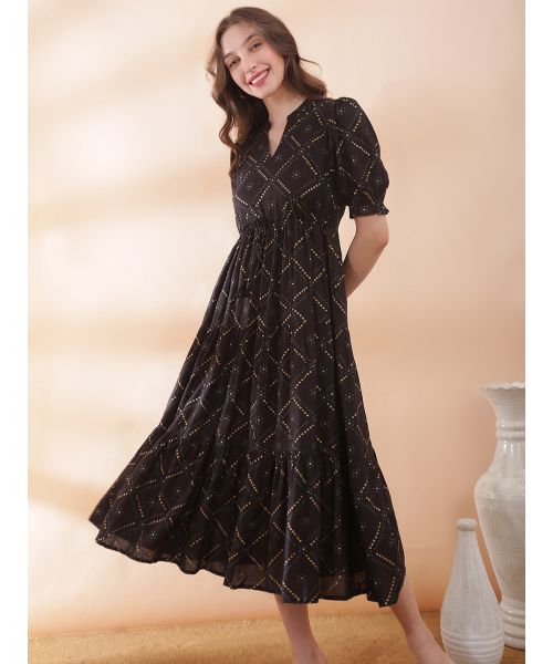 bandhani midi dress Globus Women Black Bandhani Printed Mandarin Collar Puff Sleeves Waist  Tie-Ups Tiered A-Line Midi Dress