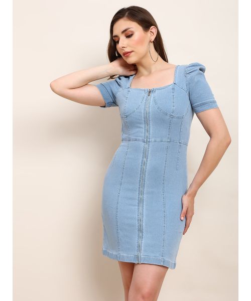 Globus Women Blue Square Neck Puff Sleeves Zip Detail Mini Bodycon Denim  Dress