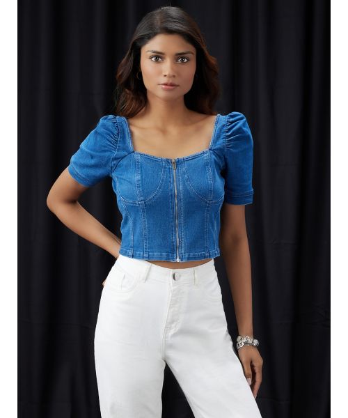 Globus Women Navy Blue Square Neck Puff Sleeves Denim Corset Top