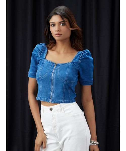 Globus Women Navy Blue Square Neck Puff Sleeves Denim Corset Top