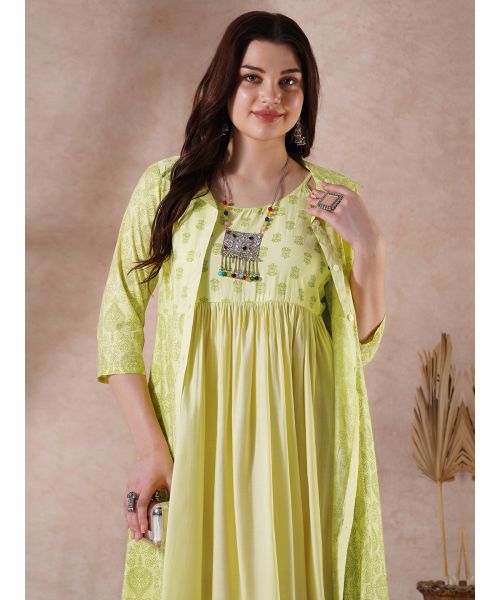 Globus Women Green Strappy Shoulder Gathered A-Line Midi Ethnic Dress with  Shirt Style Printed Shrug