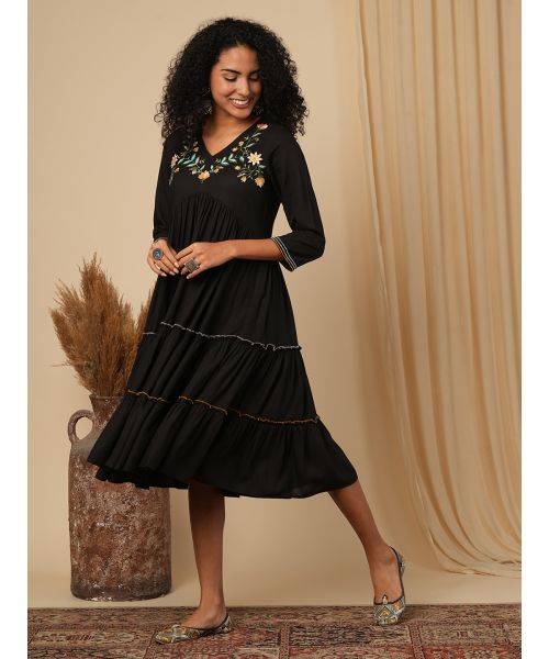 Globus Women Black Floral Embroidered V-Neck Alia Cut A-Line Tiered Fusion Dress Globus Women Black Floral Embroidered V-Neck Alia Cut A-Line Tiered Fusion Dress