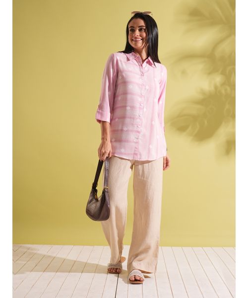 Women's 3/4 Sleeve V-Neck Tunic Top - Stretch Cotton Henley Blouse, Rose Pink, Large