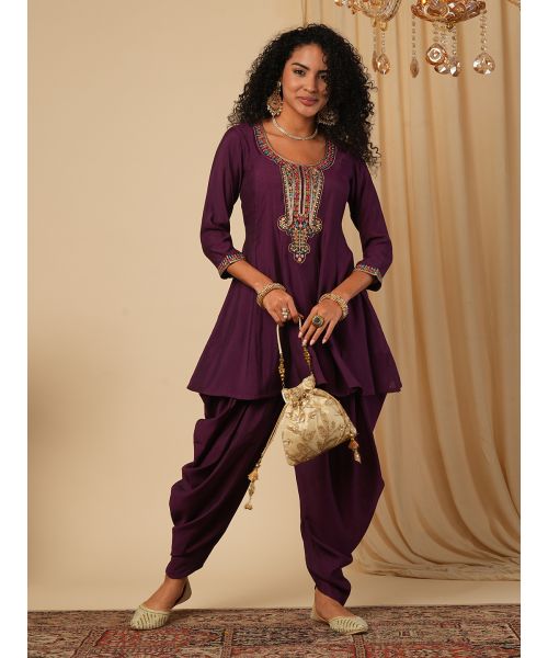 modern dhoti style dresses for ladies Globus Women Purple Floral Sequinned & Embroidered Yoke A-Line Peplum Top With Pants Fusion indo western modern dhoti style dresses for ladies