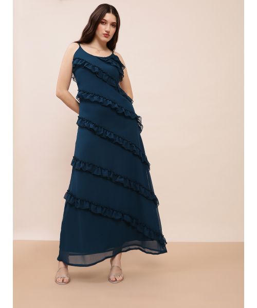 Globus Women Teal Scoop Neck Strappy Sleeves Ruffle Detail Georgette A-Line  Maxi Party Dress