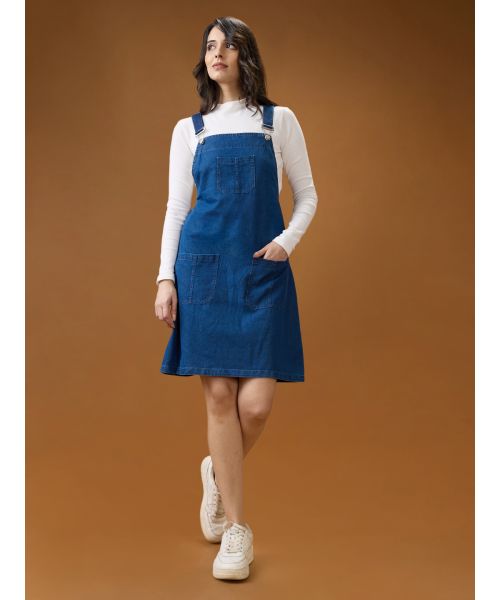 Globus Women Med Blue Square Neck Strappy Shoulder Solid Pocket Detail Above Knee Dungaree Dress