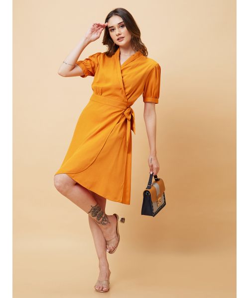 Globus Women Mustard Solid Wrap Fit and Flare Dress