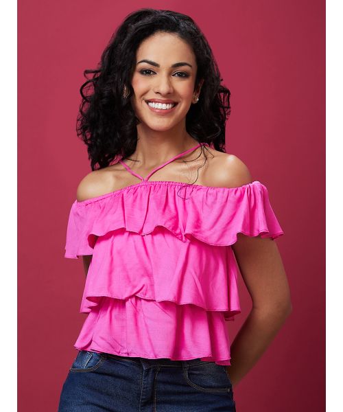 Globus Women Pink Solid Strappy Off Shoulder Layered Top