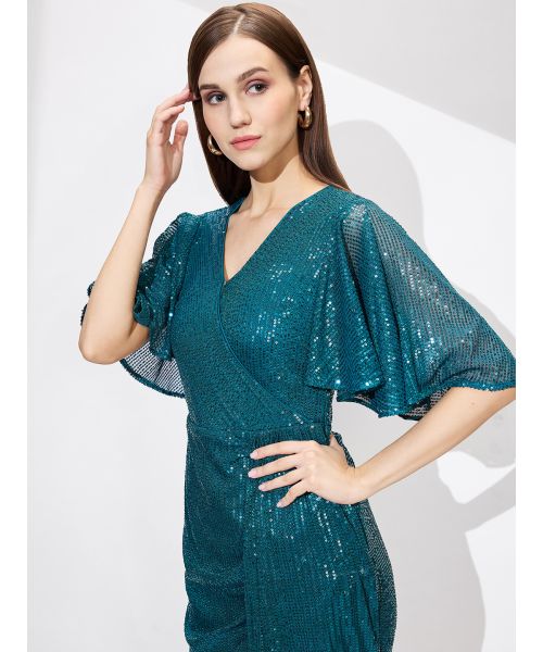 teal party dress womens MissJophiel Women Long Sleeves V Neck Chiffon Print Floral Teal Formal Party Dress with Slit Teal / Above Knee / US16