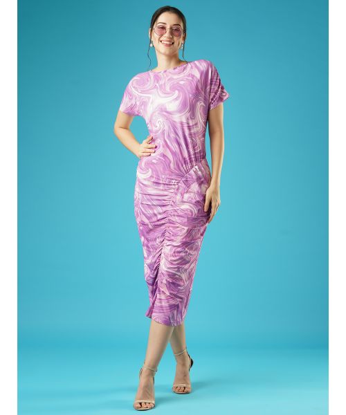 Ruched Bodycon Mauve Bodycon Midi Dress Globus Women Lavender Abstract Printed Round Neck Short Sleeves Ruched
