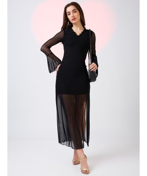 Globus Women Black Frilled V-Neck Bell Sleeves Front Slit Net Midi Bodycon  Party Dress