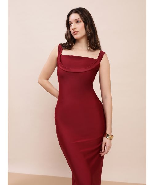 Globus Women Maroon Square Neck Strappy Sleeves Bodycon Midi Party Dress Globus Women Maroon Square Neck Strappy Sleeves Bodycon Midi Party Dress