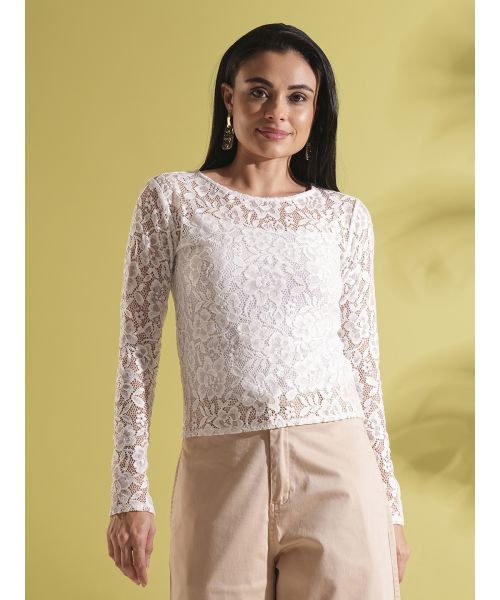 トップス drawdrawes Lace Boat Neck T-shirts white Globus Women White Boat Neck Self Design Floral Lace Long Sleeve