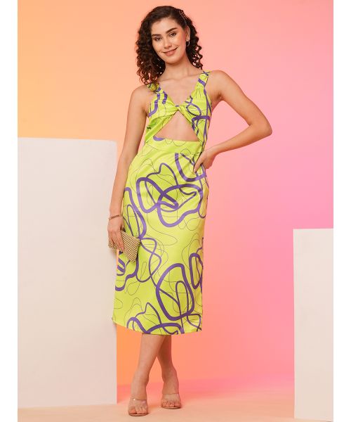 Globus Women Neon Green Abstract Twist Neck Bodycon Party Dress