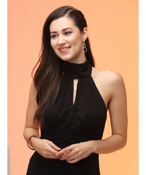 Globus Women Black Tie-Up Halter Neck Keyhole Detail Fit & Flare Maxi Party  Dress