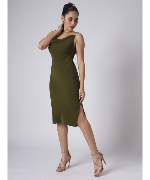 Globus Women Olive Cowl Neck Buckle Detail Shoulder Straps Solid Satin Midi  Bodycon Party Dress