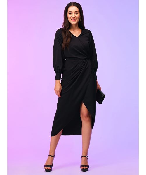 Globus Women Black Shirt Collar Cuffed Sleeves Pleated Tulip Hem Midi Party  Wrap Dress