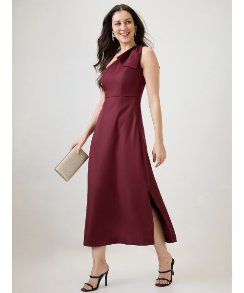 Globus Women Maroon One Shoulder Bow Detail Side Slit A-Line Maxi Party  Dress