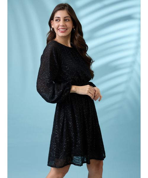 Globus Women Black Bishop Sleeves Self Design Georgette Sheen Smocked Mini Fit & Flare Party Dress