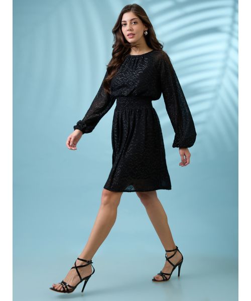 Globus Women Black Bishop Sleeves Self Design Georgette Sheen Smocked Mini Fit & Flare Party Dress