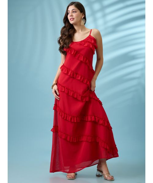 Globus Women Red Scoop Neck Strappy Sleeves Ruffle Detail Georgette A-Line  Maxi Party Dress