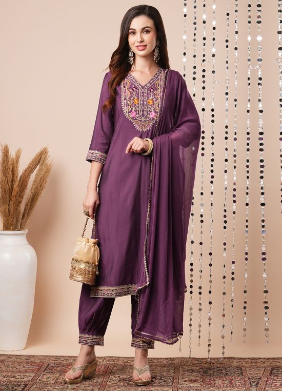 Globus Women Purple Sequinned & Floral Embroidered V-Neck Straight Festive Kurta With Afghani Pants & Dupatta