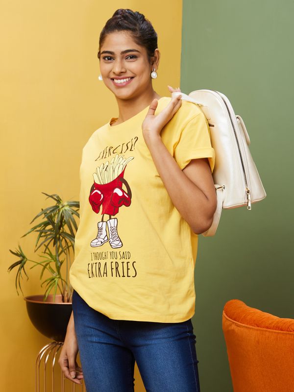 Globus Women Yellow Boxy Fit Typography Cotton T-Shirt