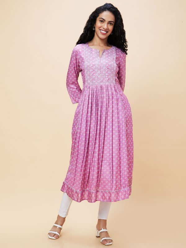 Globus Women Mauve Printed Round Neck 3/4 Sleeves A-Line Kurta