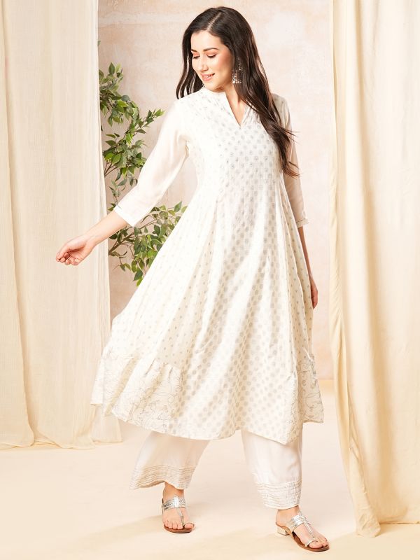 Globus Women Off White Printed Mandarin Collar Anarkali Kurta