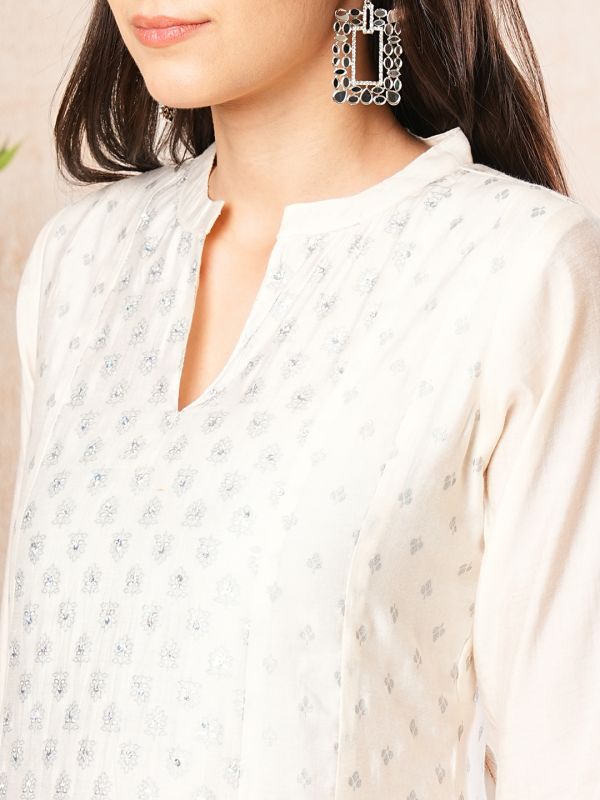 Globus Women Off White Printed Mandarin Collar Anarkali Kurta
