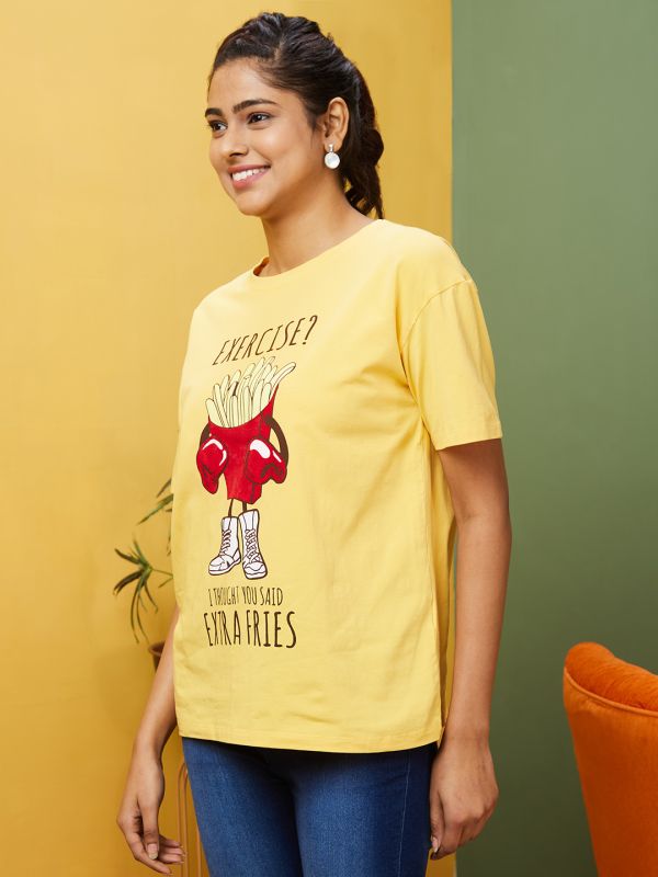 Globus Women Yellow Boxy Fit Typography Cotton T-Shirt