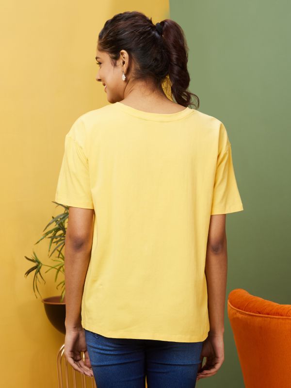 Globus Women Yellow Boxy Fit Typography Cotton T-Shirt
