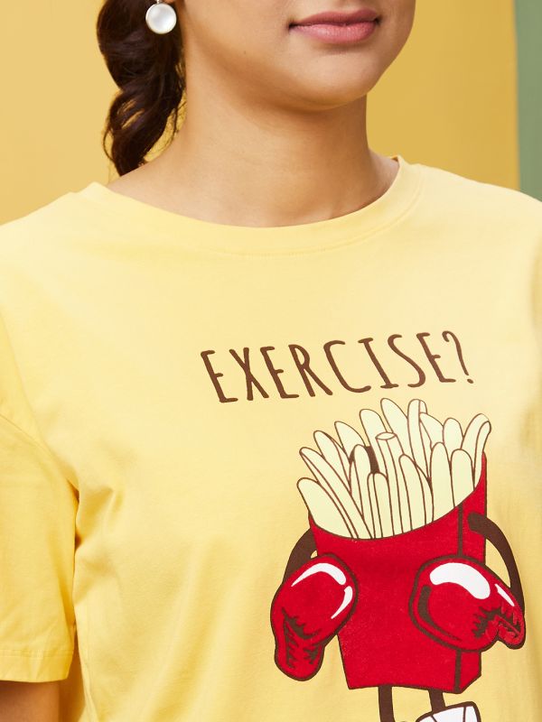 Globus Women Yellow Boxy Fit Typography Cotton T-Shirt