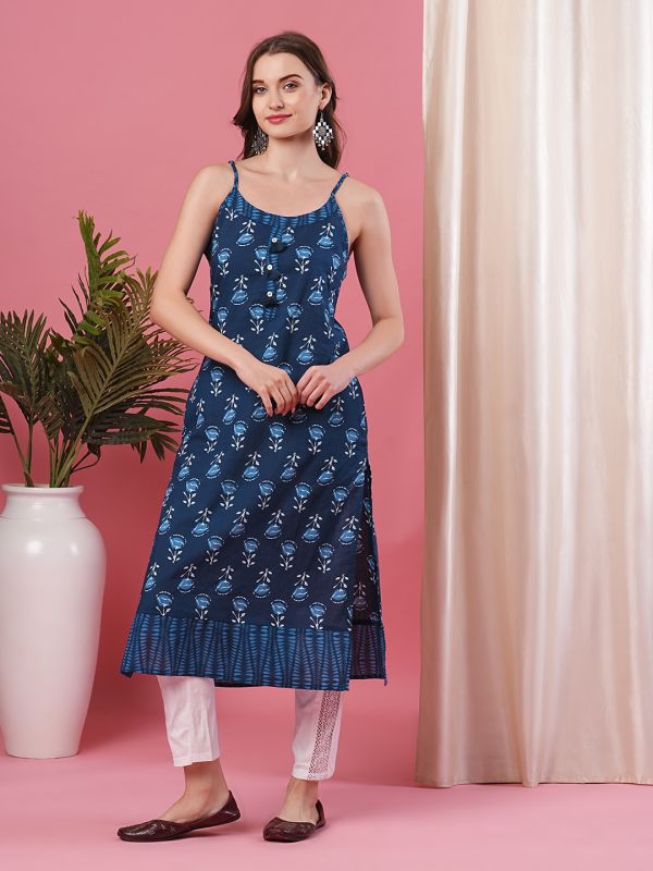 Globus Women Indigo Floral Jaipuri Print Strappy A-Line Kurta With Tassel at Buttons