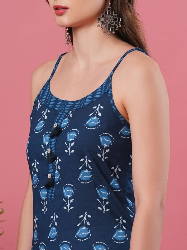 Globus Women Indigo Floral Jaipuri Print Strappy A-Line Kurta With Tassel at Buttons