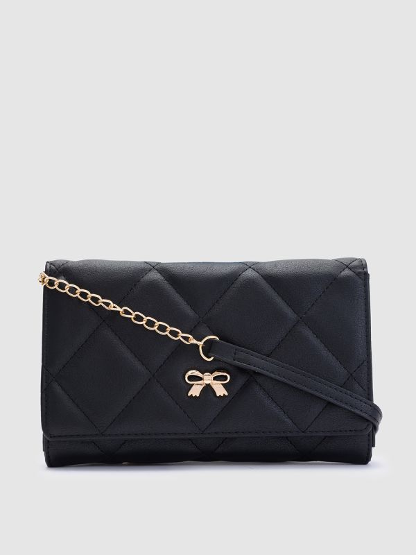 Globus Women Black Textured Vegan Leather Envelope Wallet with Bow Detail