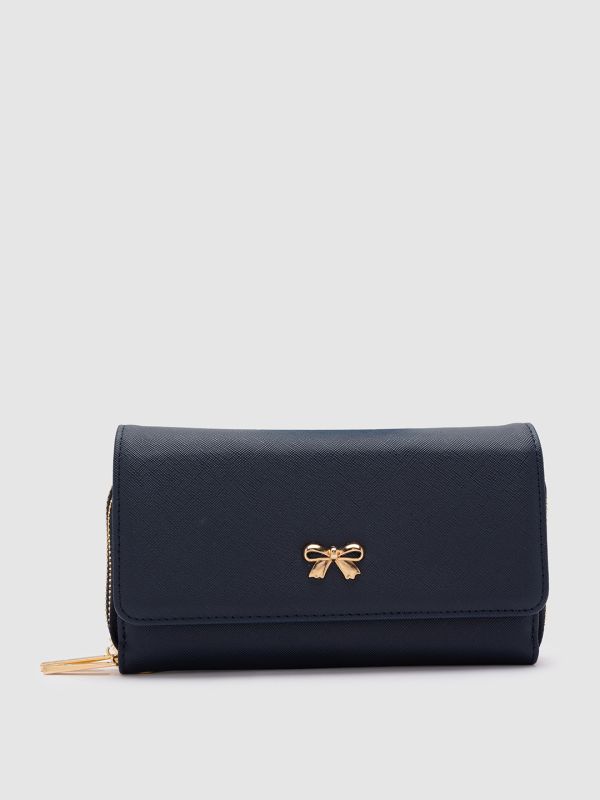 Globus Women Navy Blue Solid Vegan Leather Envelope Wallet with Bow Detail