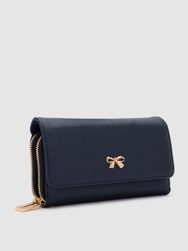 Globus Women Navy Blue Solid Vegan Leather Envelope Wallet with Bow Detail