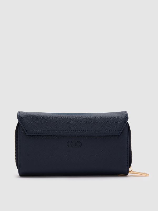 Globus Women Navy Blue Solid Vegan Leather Envelope Wallet with Bow Detail