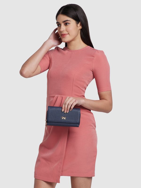 Globus Women Navy Blue Solid Vegan Leather Envelope Wallet with Bow Detail