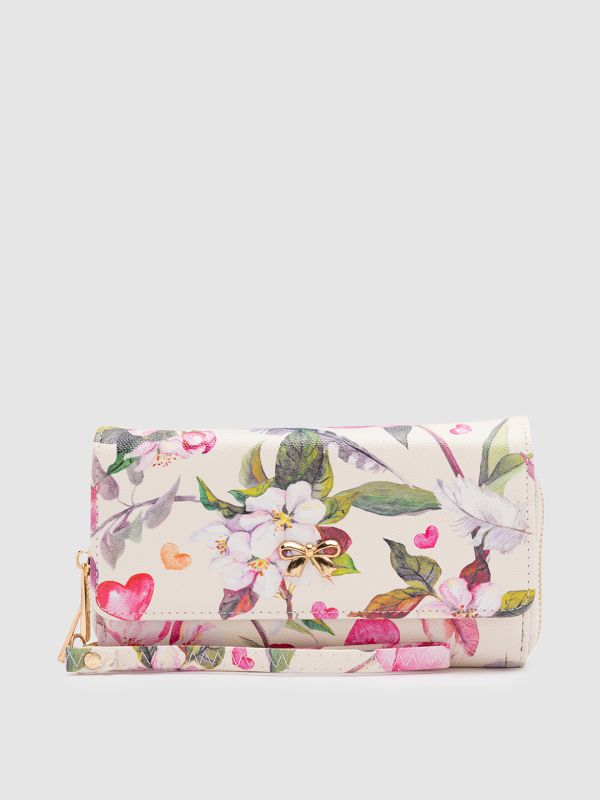 Globus Women White Printed Vegan Leather Envelope Wallet with Bow Detail