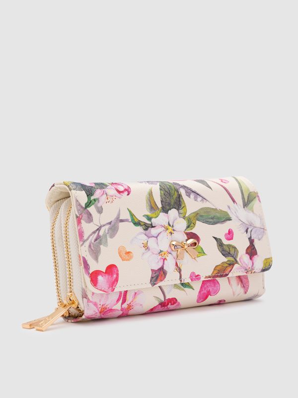 Globus Women White Printed Vegan Leather Envelope Wallet with Bow Detail