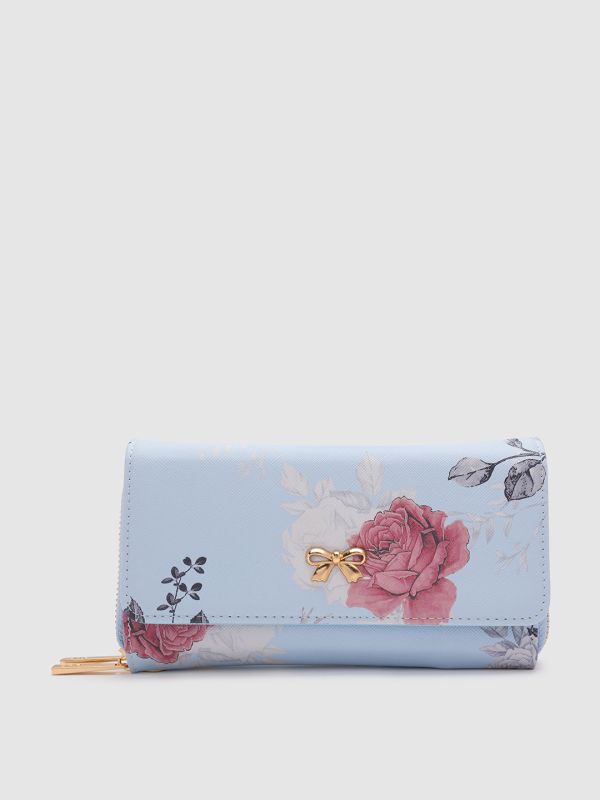 Globus Women Blue Printed Vegan Leather Envelope Wallet with Bow Detail