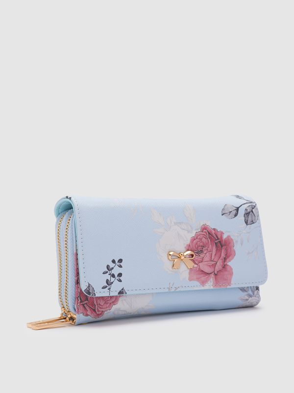 Globus Women Blue Printed Vegan Leather Envelope Wallet with Bow Detail