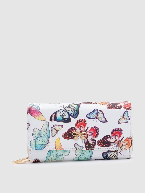 Globus Women White Printed Vegan Leather Envelope Wallet with Bow Detail