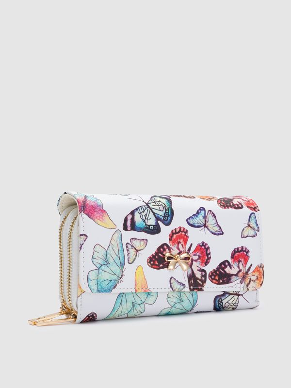Globus Women White Printed Vegan Leather Envelope Wallet with Bow Detail