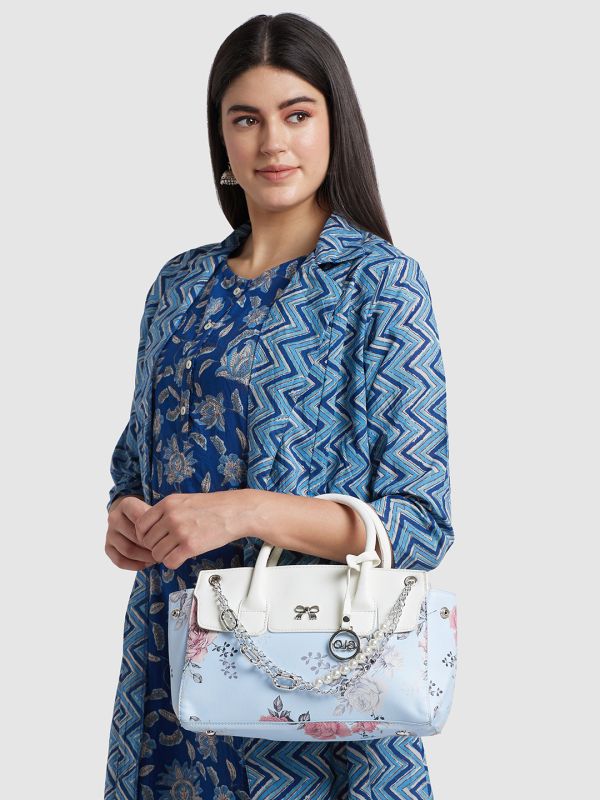 Globus Women Ice Blue Printed Vegan Leather Handheld Bag