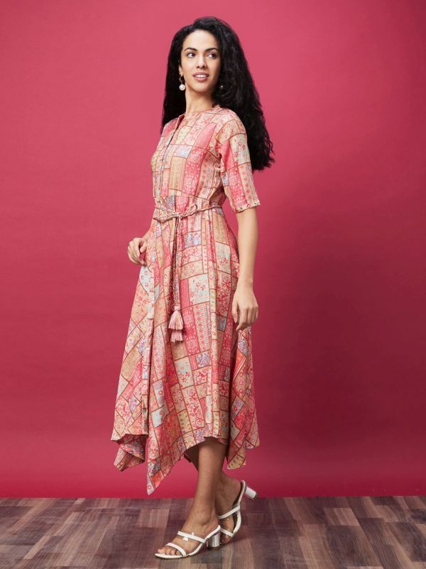 Globus Coral Mandarin Collar All Over Printed Belted Dress